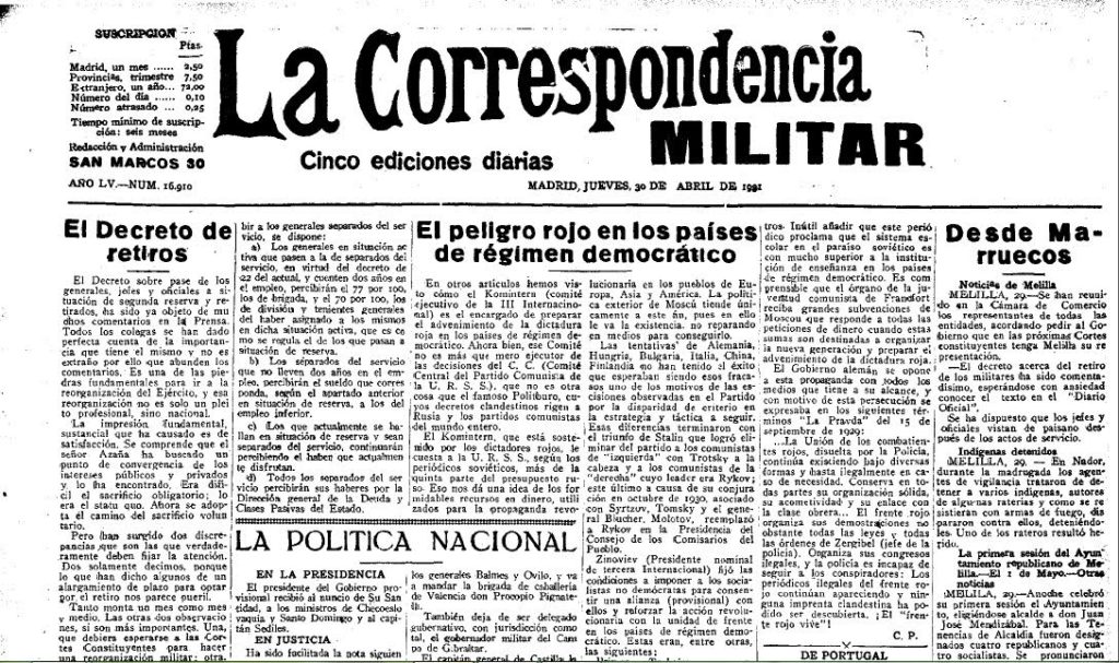 “La correspondencia militar” va explotar molt les supsoades similituds entre la Rússia de 1917 i l’Espanya de 1931. Font: Hemeroteca Digital de la Biblioteca Nacional Española