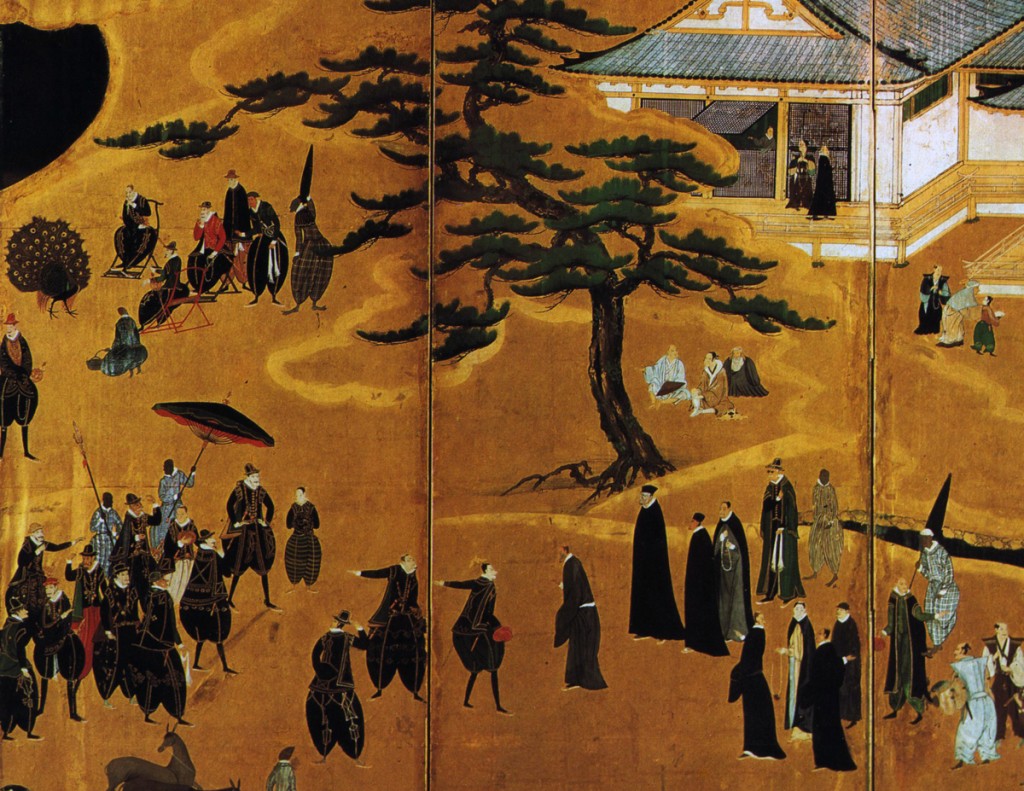 Sacerdots jesuïtes –acompanyats pels seus esclaus africans– sortint a rebre a comerciants portuguesos, detall d’un paravent atribuït a l’artista Kanō Naizen (1570-1616)